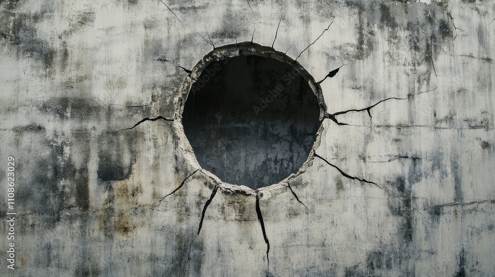 Poster the interior of an abandoned building with a large hole in the concrete wall and cracks spreading ac