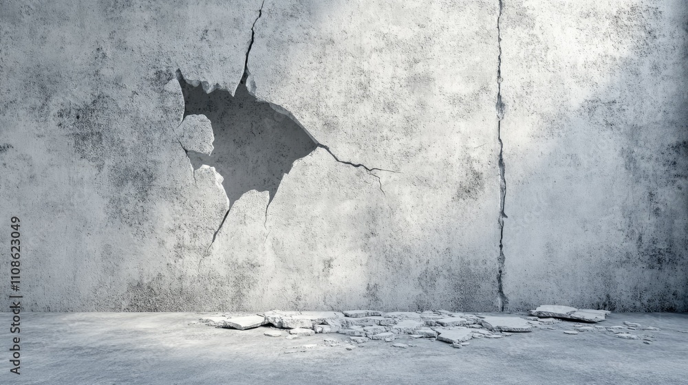 Poster the interior of an abandoned building with a large hole in the concrete wall and cracks spreading ac