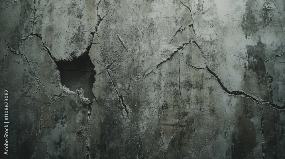 Poster the interior of an abandoned building with a large hole in the concrete wall and cracks spreading ac