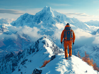 Mountaineer Standing on Snowy Peak with Majestic View  

