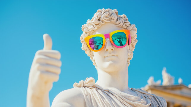 Naklejki Ancient Greek statue giving a thumbs-up, adorned with colorful sunglasses. A playful fusion of classical art and modern pop culture, ideal for stock use in creative, artistic, or trendy design project