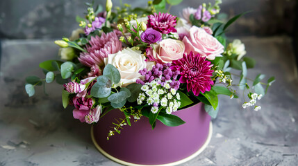 Beautiful spring bouquet in round box: Various flowers arranged in a round box, for flower shop catalogs or websites.