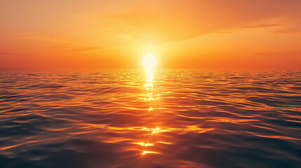 Beautiful sunset above the sea or lake: Amazing evening travel scene with the low sun reflected in the water and an orange sky. A mix of warm and cold light.