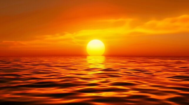 Beautiful sunset above the sea or lake: Amazing evening travel scene with the low sun reflected in the water and an orange sky. A mix of warm and cold light.