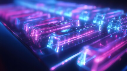 A futuristic holographic keyboard floating in the air, with translucent keys glowing in shades of blue and purple.