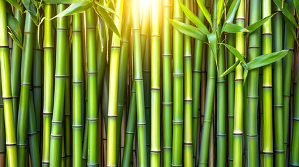 Fototapeta premium Lush green bamboo stalks backlit by sunlight.