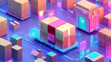Fototapeta premium Packages are transported in high-tech Settings,online shopping, Concept of automatic logistics management.