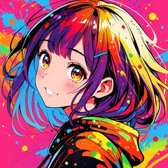 Naklejka premium anime girl with splatter color effect