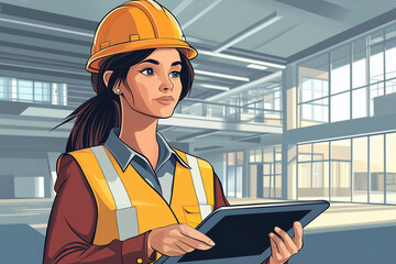 vector illustration of A female engineer analyzing a 3D model on a tablet in a modern office with copy space. Soft lighting. 