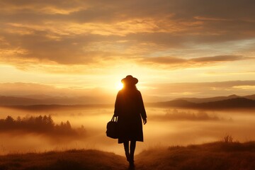 A silhouette of a traveler with a bag is captured walking into a breathtaking sunset, evoking a sense of freedom, emotional navigation, and a journey into the unknown.