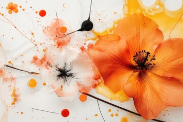 Fototapeta premium Abstract image featuring vibrant orange and black splatter flowers, creating a dynamic composition that invokes a sense of modern artistic expression and creativity.