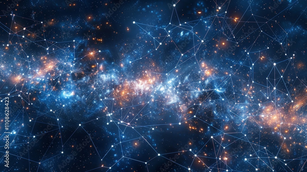 Poster a panoramic view of a decentralized network galaxy with s of nodes forming constellations against a 
