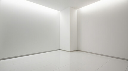 Fototapeta premium White empty studio room interior design, white walls and corner, tiled white empty floor background 