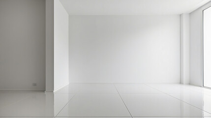 Fototapeta premium White empty studio room interior design, white walls and corner, tiled white empty floor background 