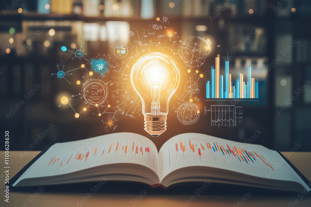 Poster a glowing light bulb hovering over an open notebook filled with sketches and graphs with copy space.