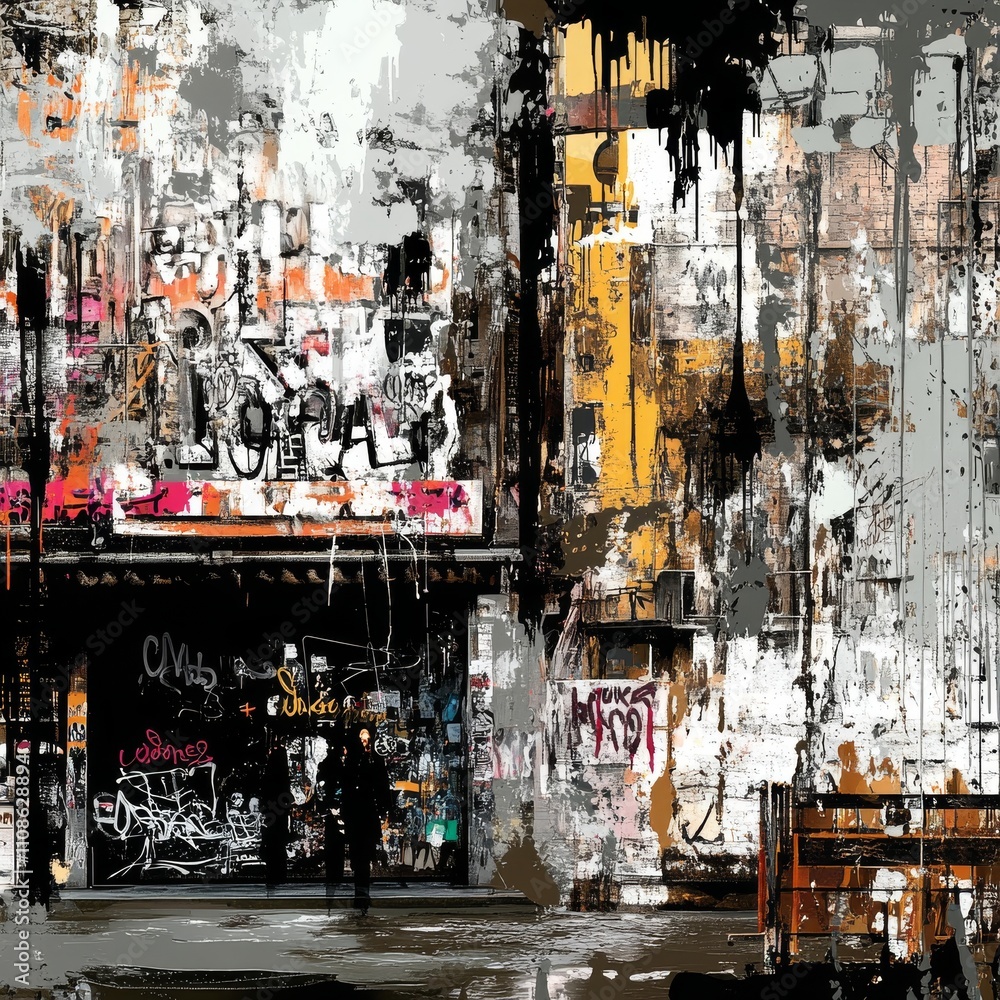 Poster a vibrant abstract composition featuring typographical elements and shapes. the background has a gru