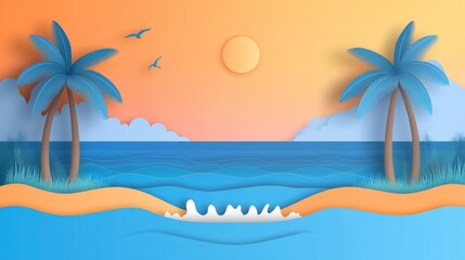 Fototapeta premium A vibrant beach scene bathed in the glow of sunset, reimagined as pop art. A digital art illustration brought to life through generative AI.