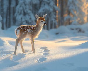 Obraz premium White-tailed deer fawn in snowy winter forest.