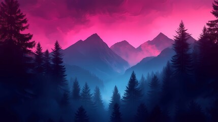 Obraz premium A vibrant, surreal landscape featuring mountains and forests under a stunning pink and blue sky at dusk.