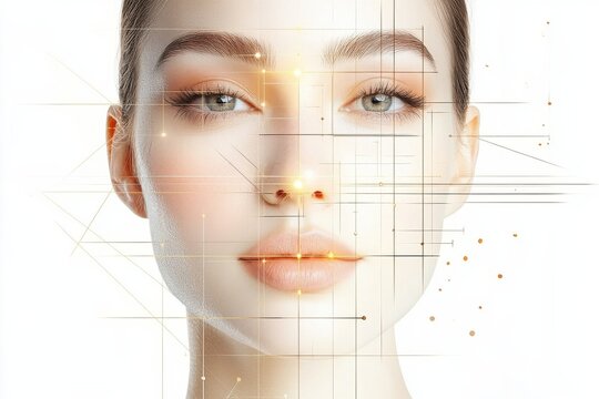 A captivating close-up image of a woman's face features a geometric grid overlay, highlighting the beauty and symmetry of her features in an artistic, abstract style.