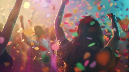 Obraz premium Woman Dancing Joyfully Amidst Falling Confetti At A Party