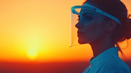 A profile of a woman wearing a face shield against a stunning sunset backdrop, symbolizing hope and resilience.