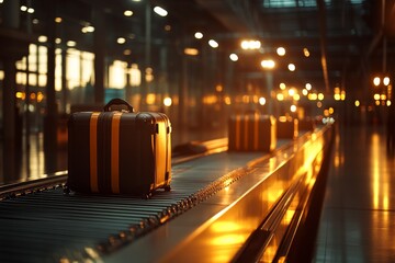 A single suitcase with distinctive orange stripes rides the baggage carousel, reflecting the station's bright lights, symbolizing unique identity in travel.