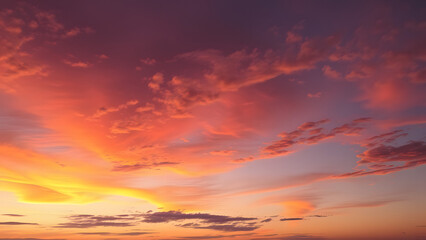 Fototapeta premium A serene dusk sky featuring layers of orange and deep purple with scattered cloud textures 