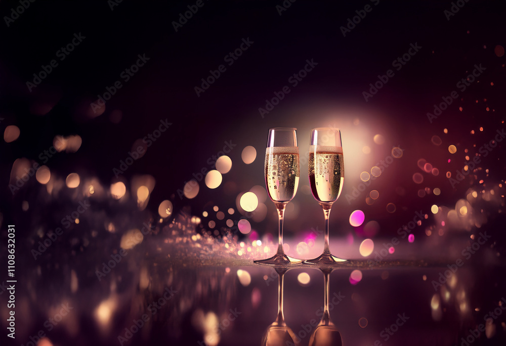 Poster two champagne flutes filled to the brim, sparkling with effervescence, stand against a backdrop of s