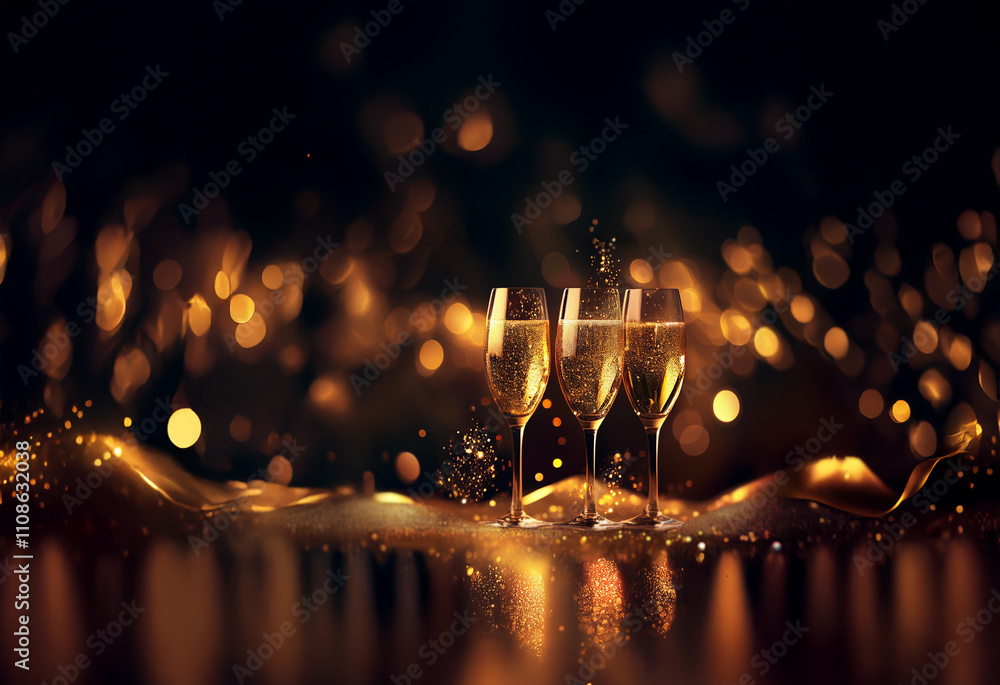 Poster three champagne flutes filled to the brim, sparkle and fizz against a bokeh background of warm gold 