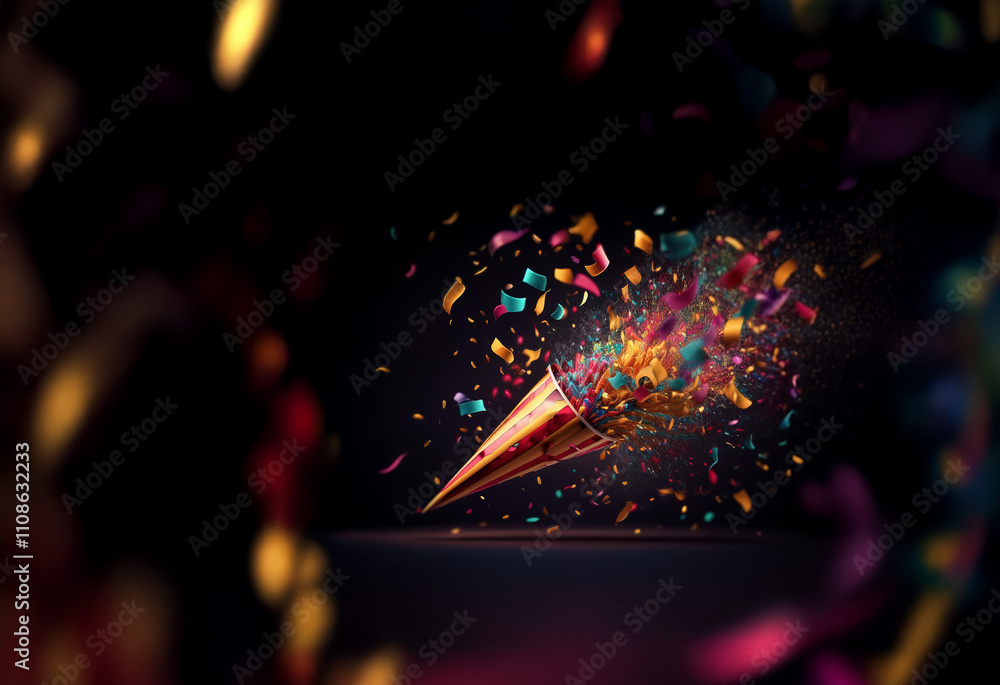 Poster A vibrant party horn explodes with colorful confetti, creating a festive and dynamic burst of celebration.  The image is rich with texture and movement.