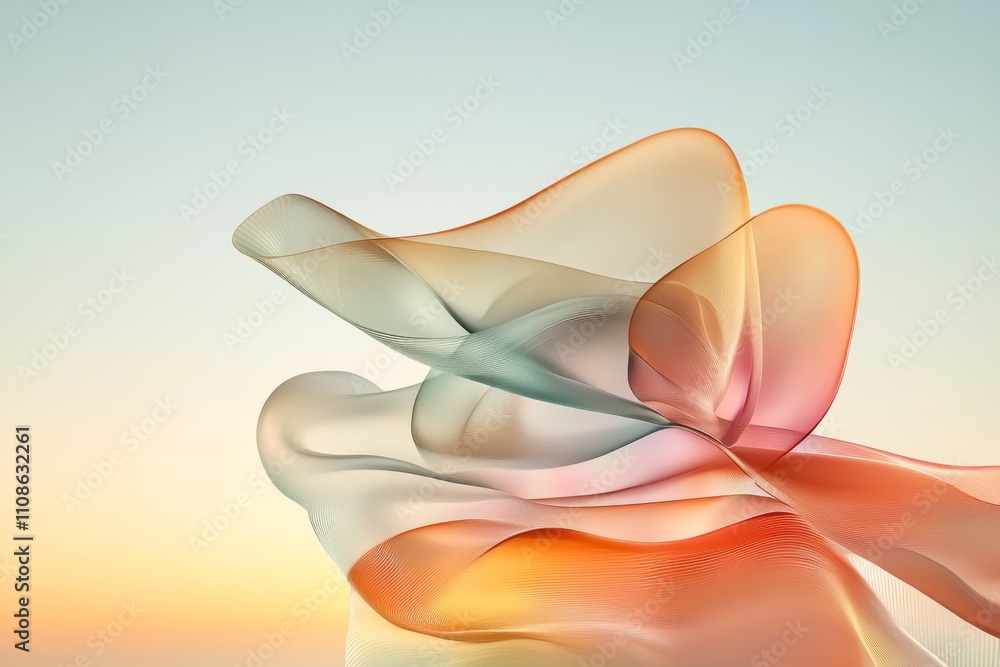 Poster an intriguing abstract image showing colorful flowing waves against a serene sky, blending vibrant h