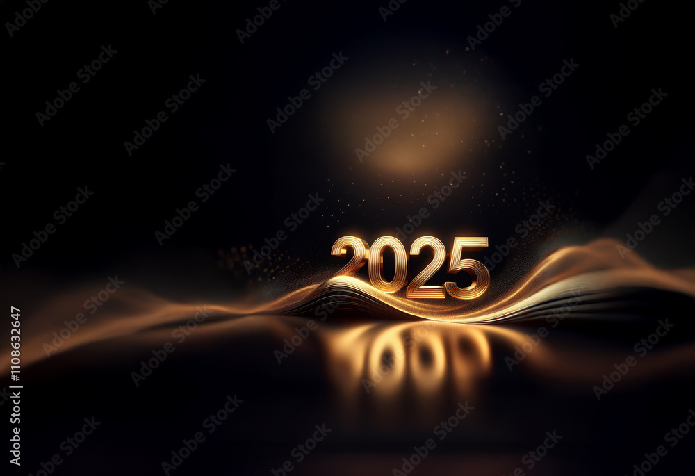 Poster golden 2025 numerals rest on elegant, flowing bronze waves against a dark background, sparkling with