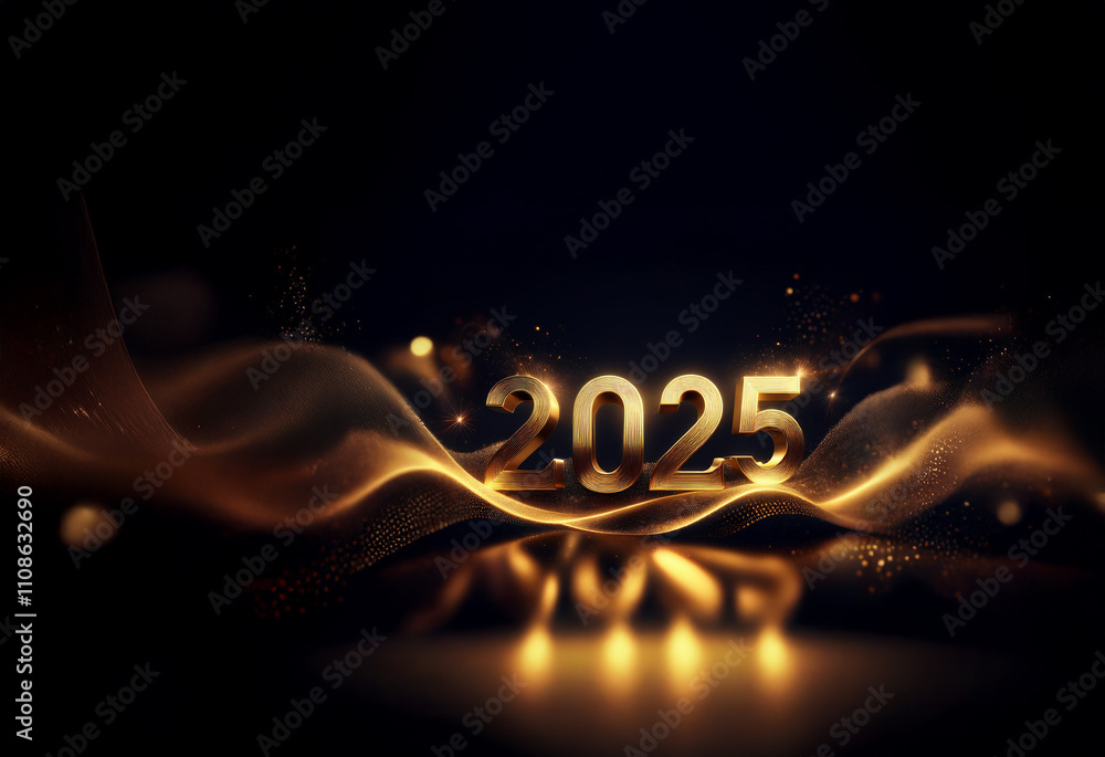 Poster golden 2025 digits shimmer on a dark, abstract background with glowing particles and waves. a luxuri