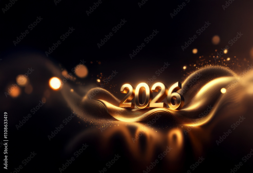 Aufkleber Golden 2026 digits rest on flowing, shimmering fabric.  Sparkling lights and dark background create a luxurious, celebratory feel.  Perfect for New Year's greetings.