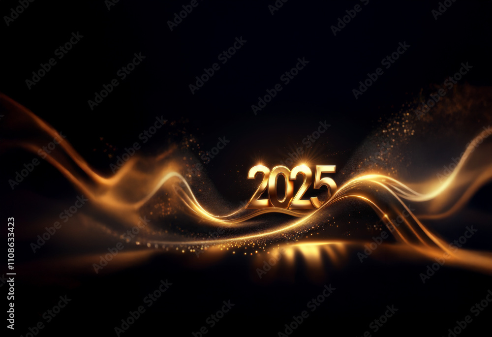 Poster golden 2025 digits shimmer on elegant, dark wavy lines. sparkling lights and a celebratory glow crea