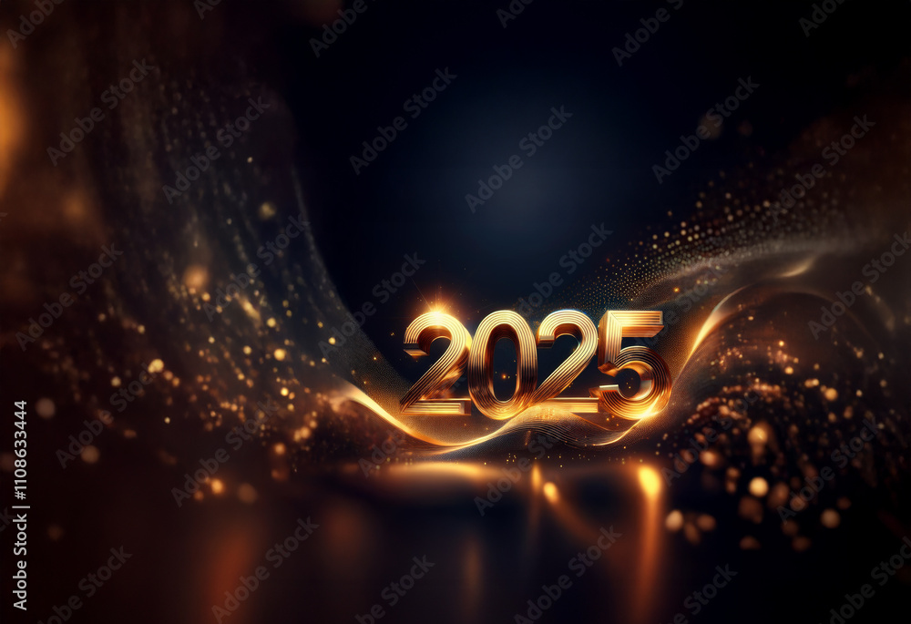 Poster golden 2025 numerals shimmer on a dark, abstract background of glowing particles and waves. a luxuri