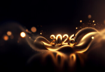 Golden 2026 digits rest on flowing, shimmering fabric.  Sparkling lights and dark background create a luxurious, celebratory feel.  Perfect for New Year's greetings.