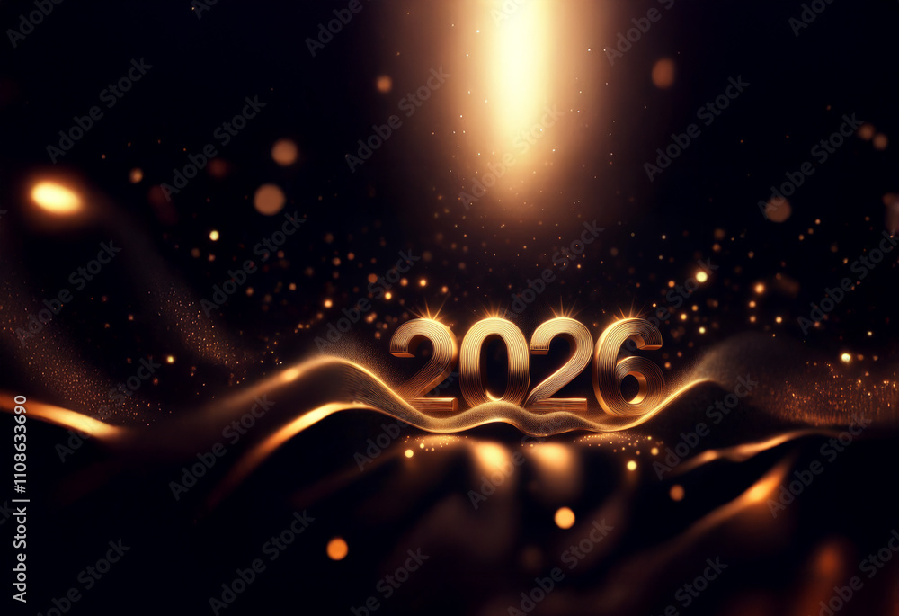Poster golden 2026 digits rest on a dark, shimmering, fabric wave, illuminated by sparkling lights. a celeb