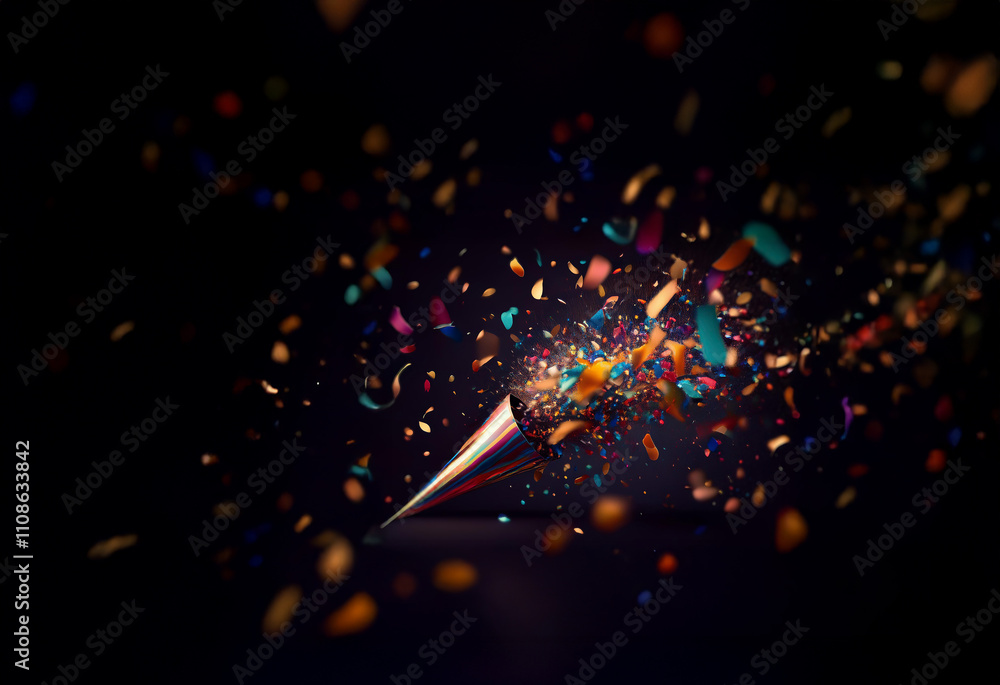 Poster A vibrant burst of multicolored confetti explodes from a metallic party cone against a dark background.  The image evokes celebration and joy.