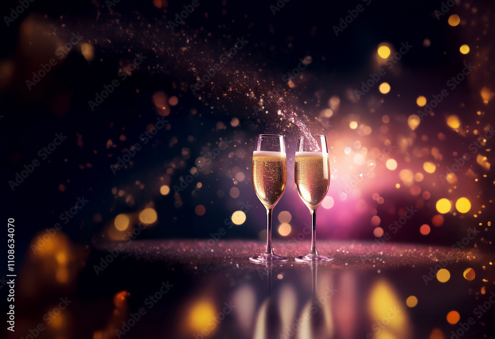 Poster two champagne flutes filled to the brim, sparkling with golden bubbles against a bokeh backdrop of p