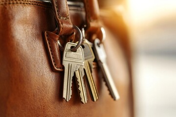 Close-up of keys hanging from a leather bag, emphasizing security, preparedness, and style, captured with depth and detail against a softly blurred background.