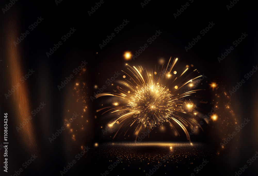 Poster a vibrant burst of golden light explodes against a dark background, resembling fireworks or a radian