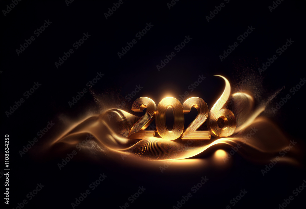 Poster glowing gold 2026 digits rest on shimmering, abstract waves. a luxurious and celebratory new year's 