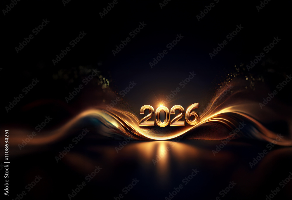 Poster elegant gold 2026 digits rest on a dark, shimmering, wave-like surface. a bright light shines behind