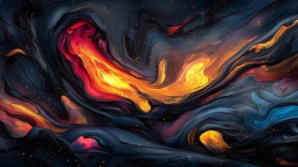 A dynamic digital artwork featuring vibrant swirling lines in blue, orange, and pink against a dark backdrop, evoking a sense of fluid movement.