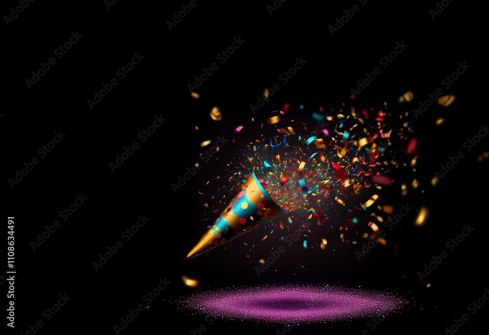 Aufkleber a party cone bursts with colorful confetti and ribbons against a dark background, creating a celebra
