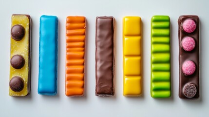 Assorted Candy Bars Neatly Aligned on a Plate

