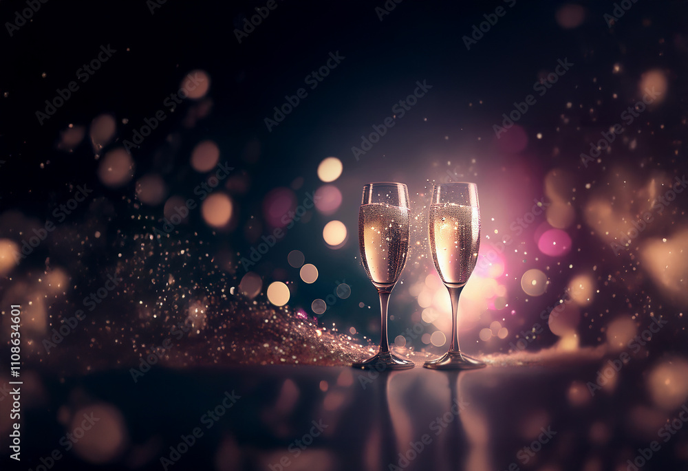 Poster two champagne flutes filled with sparkling wine, stand together against a shimmering, bokeh backgrou
