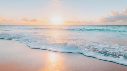 Obraz premium Serene Sunset Ocean Waves Gently Kissing Sandy Beach